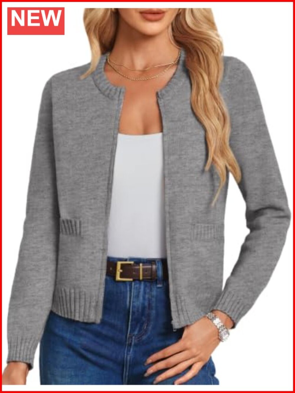 Ribbed Knit Cropped Zip Up Cardigan Sweater with Pockets